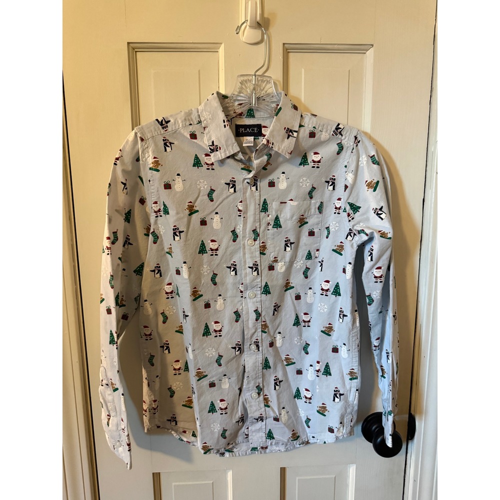 The Childrens Place Boys Christmas Button Down Shirt Santa Snowman Blue 10/12 L